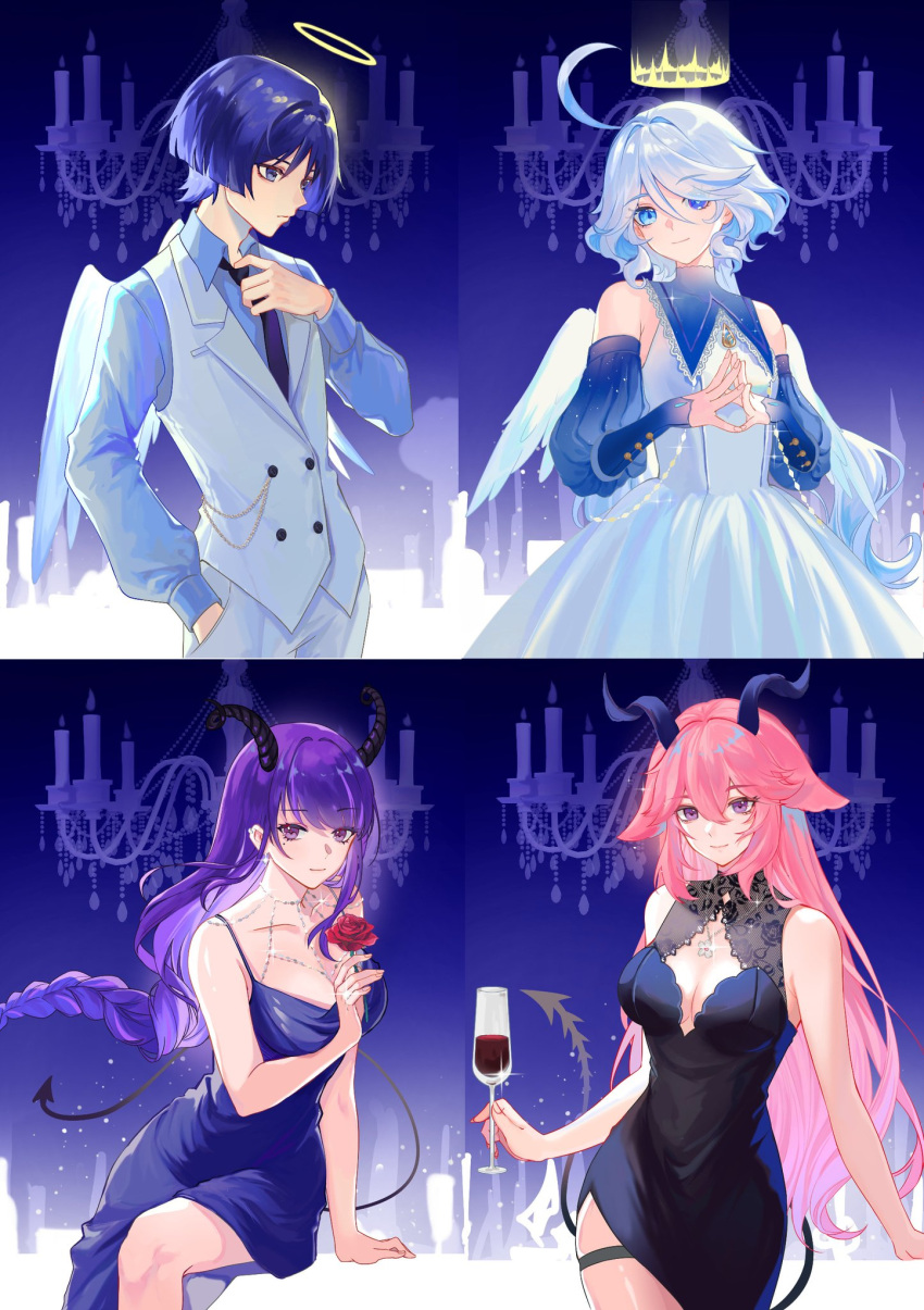 1boy 3girls animal_ears black_dress black_necktie blue_dress blue_eyes blue_hair blue_shirt blue_sleeves braid breasts closed_mouth crown cup dress flower fox_ears furina_(genshin_impact) genshin_impact glass hair_between_eyes hair_ornament halo heterochromia highres holding holding_cup horns jewelry long_hair long_sleeves looking_at_viewer medium_breasts mole mole_under_eye multicolored_hair multiple_girls necklace necktie pink_hair puffy_sleeves purple_eyes purple_hair raiden_shogun red_flower red_rose rose scaramouche_(genshin_impact) shirt short_hair smile vest white_dress white_hair white_vest xnoahru yae_miko