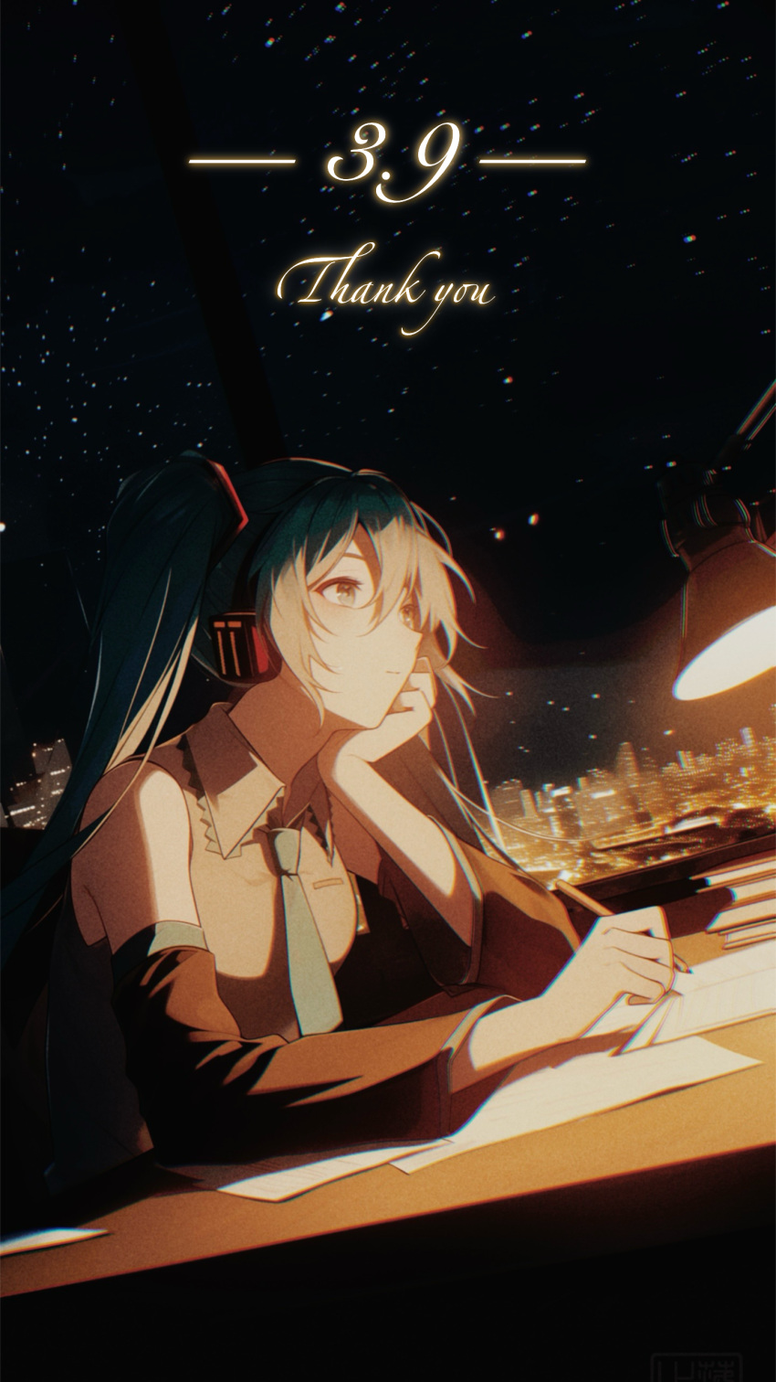 1girl 39 absurdres aqua_hair aqua_necktie black_sleeves chromatic_aberration cityscape collared_shirt detached_sleeves falling_poem green_eyes grey_shirt hair_between_eyes hair_ornament hatsune_miku head_rest headphones highres long_hair long_sleeves miku_day necktie night shirt sky sleeveless sleeveless_shirt solo star_(sky) starry_sky thank_you twintails vocaloid wing_collar