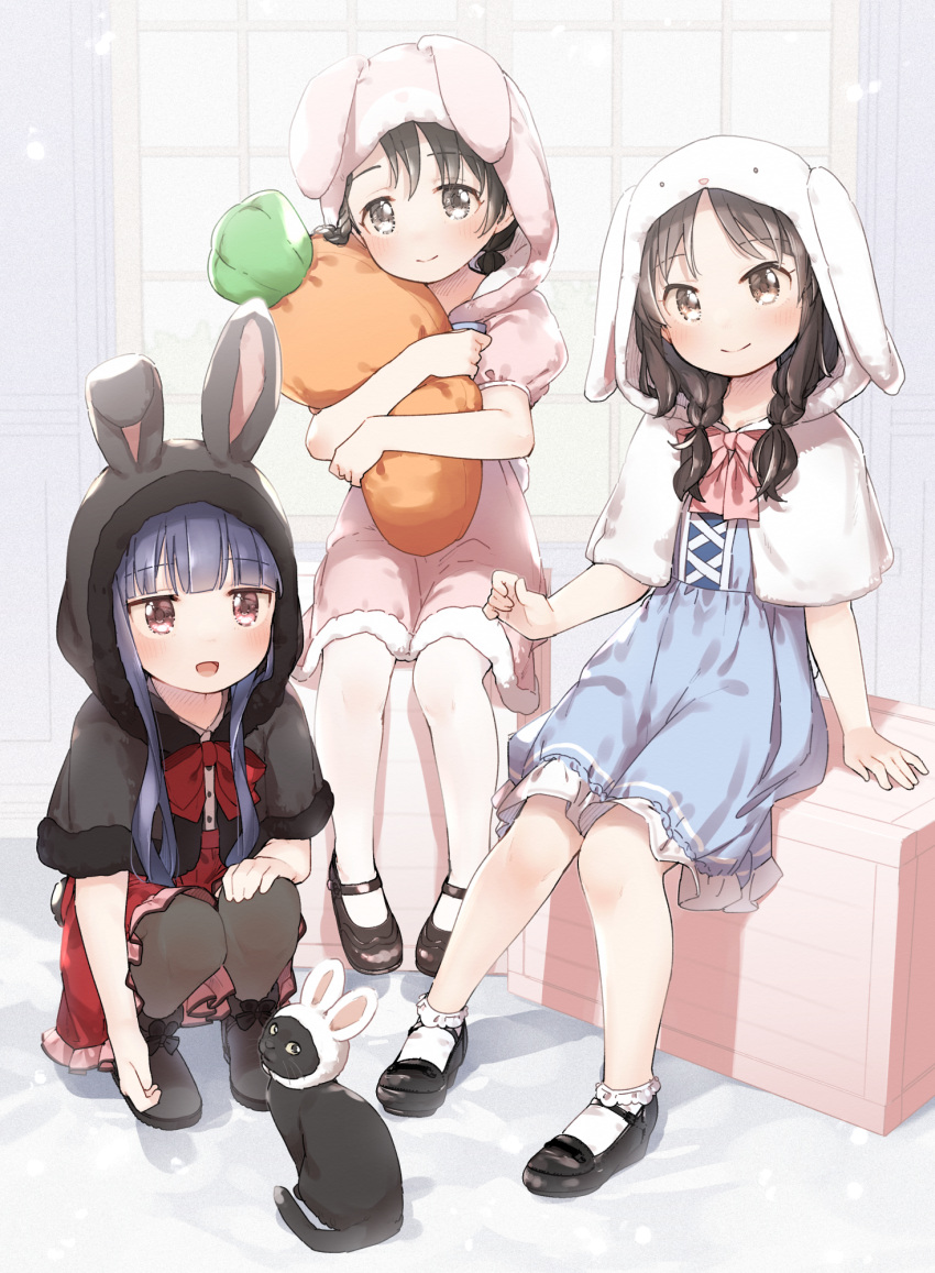 3girls animal_hood black_footwear black_hair black_hood blue_dress blunt_bangs blush braid carrot-shaped_pillow cat commentary_request dress full_body highres hood hugging_object idolmaster idolmaster_cinderella_girls looking_at_viewer mary_janes multiple_girls pero_(idolmaster_cinderella_girls) pillow pillow_hug pink_dress pink_hood rabbit_hood red_dress sajo_yukimi sasaki_chie shoes sidelocks sitting smile squatting tachibana_arisu twin_braids white_hood wooden_box yukie_(kusaka_shi)