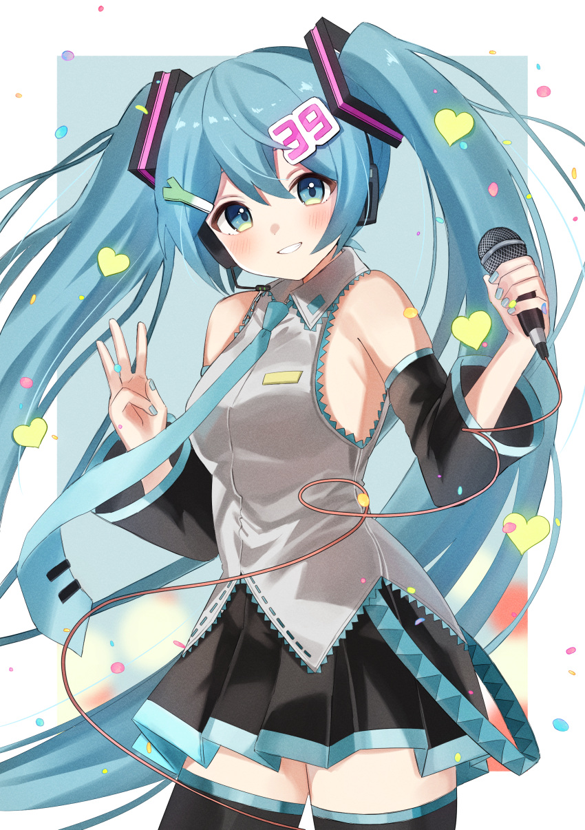 1girl 39 absurdres black_skirt black_sleeves black_thighhighs blue_eyes blue_hair blue_nails blue_necktie blush collared_shirt cowboy_shot detached_sleeves floating_hair grey_shirt grin hair_between_eyes hair_ornament hatsune_miku head_tilt headphones headset highres holding holding_microphone long_hair long_sleeves looking_at_viewer meruko-san microphone miniskirt nail_polish necktie pleated_skirt shirt skirt sleeveless sleeveless_shirt smile solo standing thighhighs twintails very_long_hair vocaloid w wing_collar zettai_ryouiki