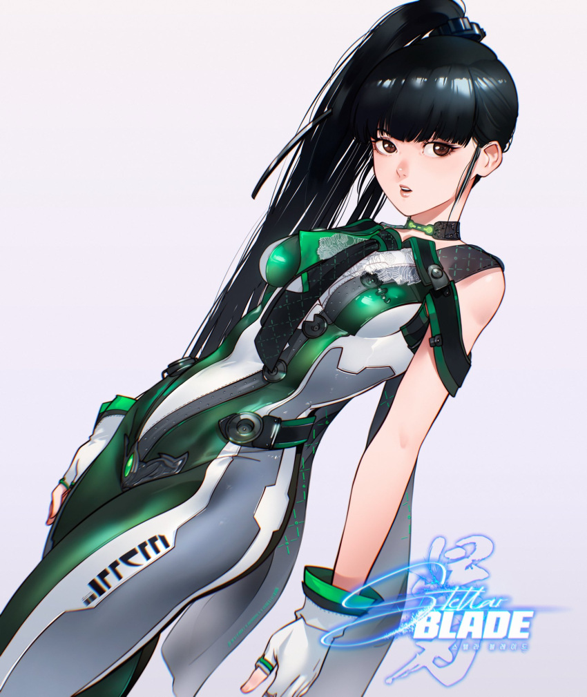 1girl black_hair black_necktie blunt_bangs bodysuit breasts brown_eyes cesar_art456 commentary copyright_name english_commentary eve_(stellar_blade) eyelashes fingerless_gloves gloves green_bodysuit grey_background grey_bodysuit high_ponytail highres long_hair looking_at_viewer medium_breasts multicolored_bodysuit multicolored_clothes necktie open_mouth pink_lips planet_diving_suit_(7th)_(stellar_blade) simple_background skin_tight solo standing stellar_blade white_bodysuit white_gloves