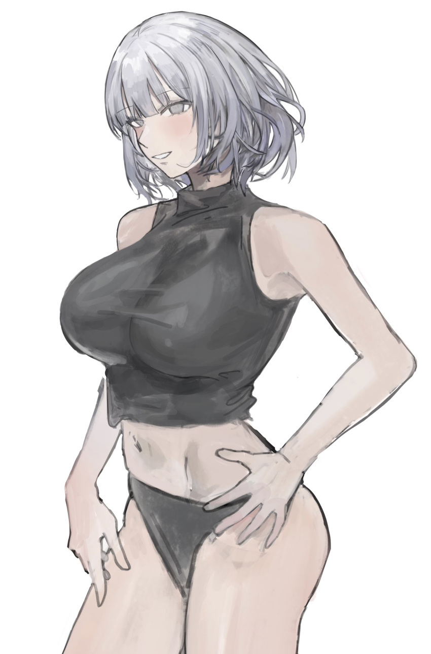 1girl alternate_costume black_panties blush breasts cowboy_shot crop_top english_commentary from_side girls'_frontline grey_eyes grey_hair hand_on_own_hip highres johnny63129616 large_breasts midair open_mouth panties rpk-16_(girls'_frontline) short_hair simple_background sleeveless smile solo teeth underwear white_background