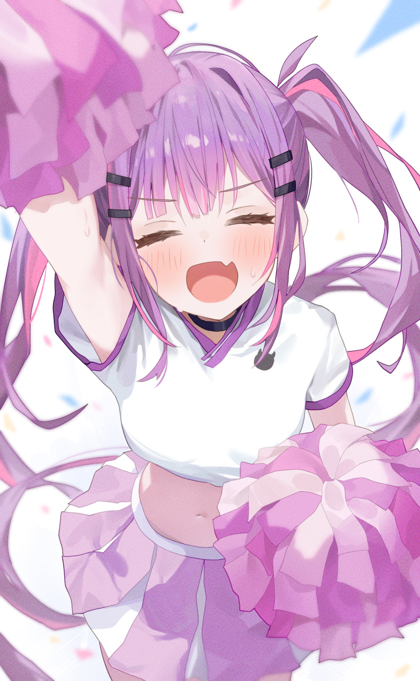 1girl absurdres black_choker blush breasts choker closed_eyes colored_inner_hair fang hair_ornament hairclip highres hololive long_hair looking_at_viewer medium_breasts midriff multicolored_hair navel nel_dcm open_mouth pink_hair pom_pom_(cheerleading) purple_hair purple_skirt shirt skin_fang skirt solo streaked_hair tokoyami_towa twintails virtual_youtuber white_shirt