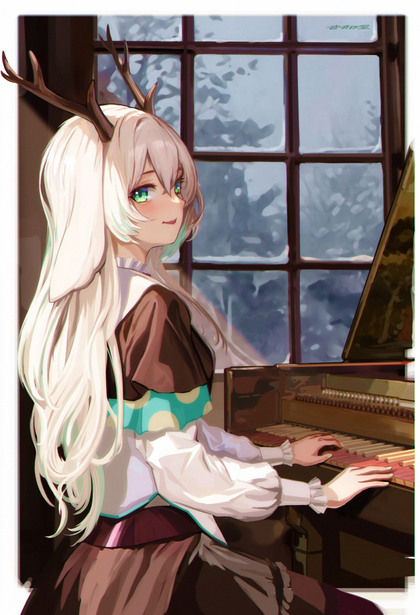 1girl absurdres animal_ears antlers blonde_hair brown_capelet brown_skirt capelet closed_mouth commentary cowboy_shot deer_ears deer_girl grand_piano green_eyes hair_between_eyes highres horns indoors instrument long_hair long_sleeves looking_at_viewer looking_to_the_side medium_bangs music nanashi_inc. otobeya piano playing_instrument shirt sitting skirt smile snow solo symbol-only_commentary tsukinoki_tirol virtual_youtuber white_shirt window