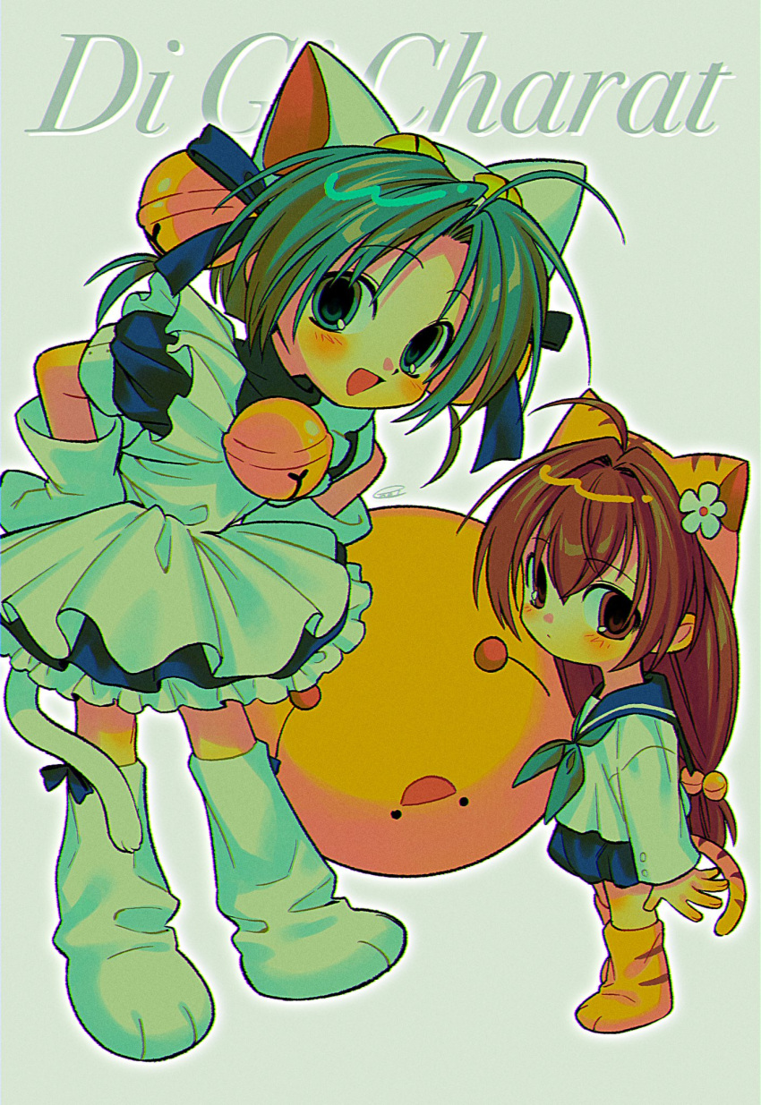 1boy 2girls :d ahoge animal_ears animal_hat apron arms_at_sides bell blue_background blue_dress blue_ribbon blue_sailor_collar blue_skirt blush brown_eyes brown_hair cat_ears cat_girl cat_hat cat_tail child closed_mouth copyright_name dejiko di_gi_charat dress film_grain flower footwear_ribbon full_body gema gloves green_eyes green_hair green_neckerchief hair_bell hair_intakes hair_ornament hair_ribbon hands_on_own_hips hat hat_flower height_difference highres long_hair looking_at_viewer maid maid_apron menma_(enaic31) multiple_girls neck_bell neckerchief open_mouth orange_footwear orange_hat orange_tail outline parted_bangs paw_shoes puchiko puffy_short_sleeves puffy_sleeves raised_eyebrows ribbon sailor_collar school_uniform serafuku shirt short_hair short_sleeves sideways_glance skirt smile striped_clothes striped_footwear striped_headwear striped_tail tail tail_ornament tail_ribbon twintails white_apron white_flower white_footwear white_gloves white_hat white_outline white_shirt white_tail