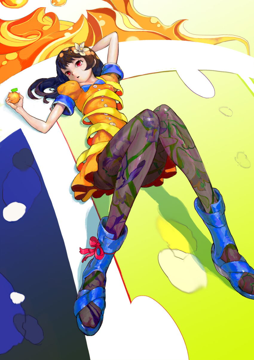 1girl bare_arms black_hair black_pantyhose blue_footwear boots bow dress flower food footwear_bow fruit full_body hair_flower hair_ornament highres holding holding_food holding_fruit k@! long_hair looking_at_viewer lying multicolored_pantyhose on_back orange_(fruit) orange_dress orangina original pantyhose parted_lips personification puffy_short_sleeves puffy_sleeves red_bow red_eyes short_sleeves solo white_flower