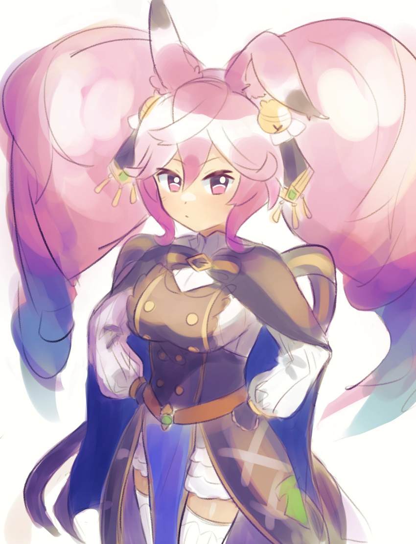 1girl absurdres animal_ears bell blue_hair cape cleo_(dragalia_lost) closed_mouth dotpyenji dragalia_lost dress hair_bell hair_between_eyes hair_ornament hands_on_own_hips highres long_hair long_sleeves looking_at_viewer multicolored_hair pelvic_curtain pink_eyes pink_hair rabbit_ears solo thighhighs twintails two-tone_hair very_long_hair white_background white_thighhighs