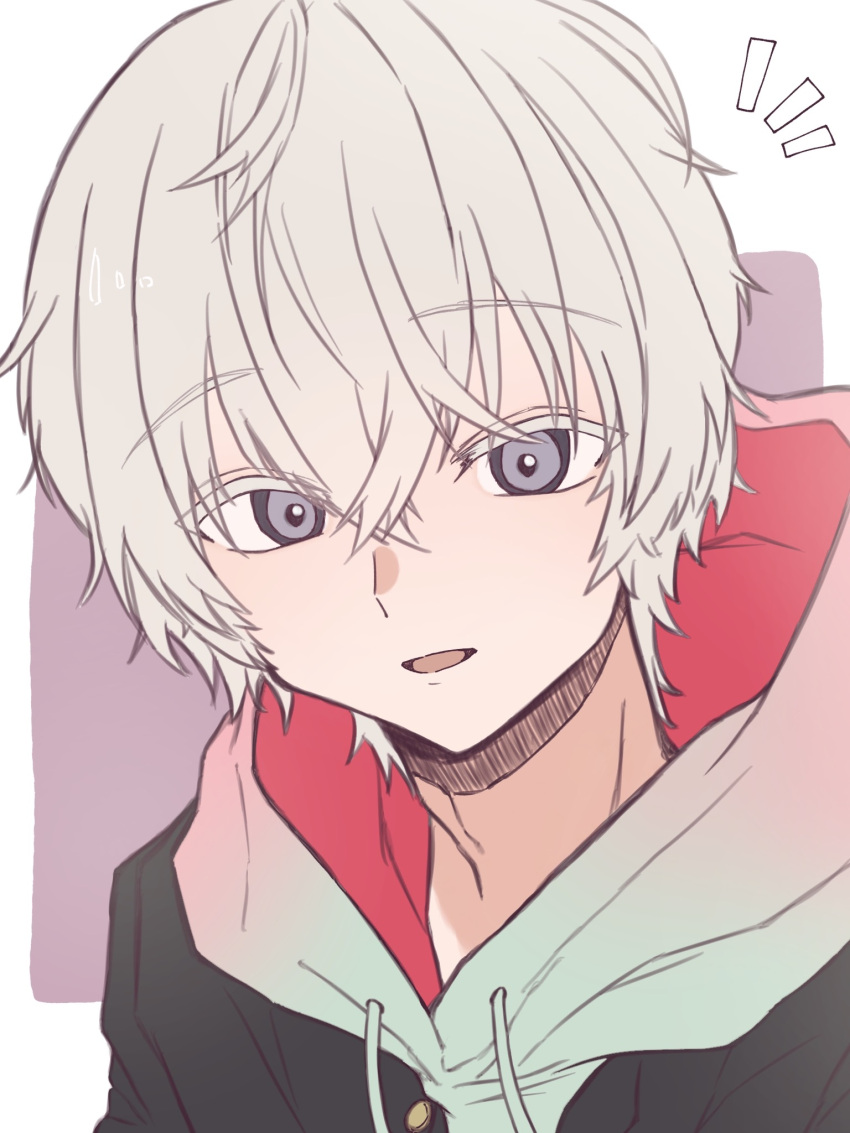 1boy alternate_costume gnosia grey_eyes grey_hair hair_between_eyes highres hood hoodie light_smile looking_at_viewer male_focus open_mouth purple_eyes remnan_(gnosia) short_hair simple_background solo sweater user_wahs4747