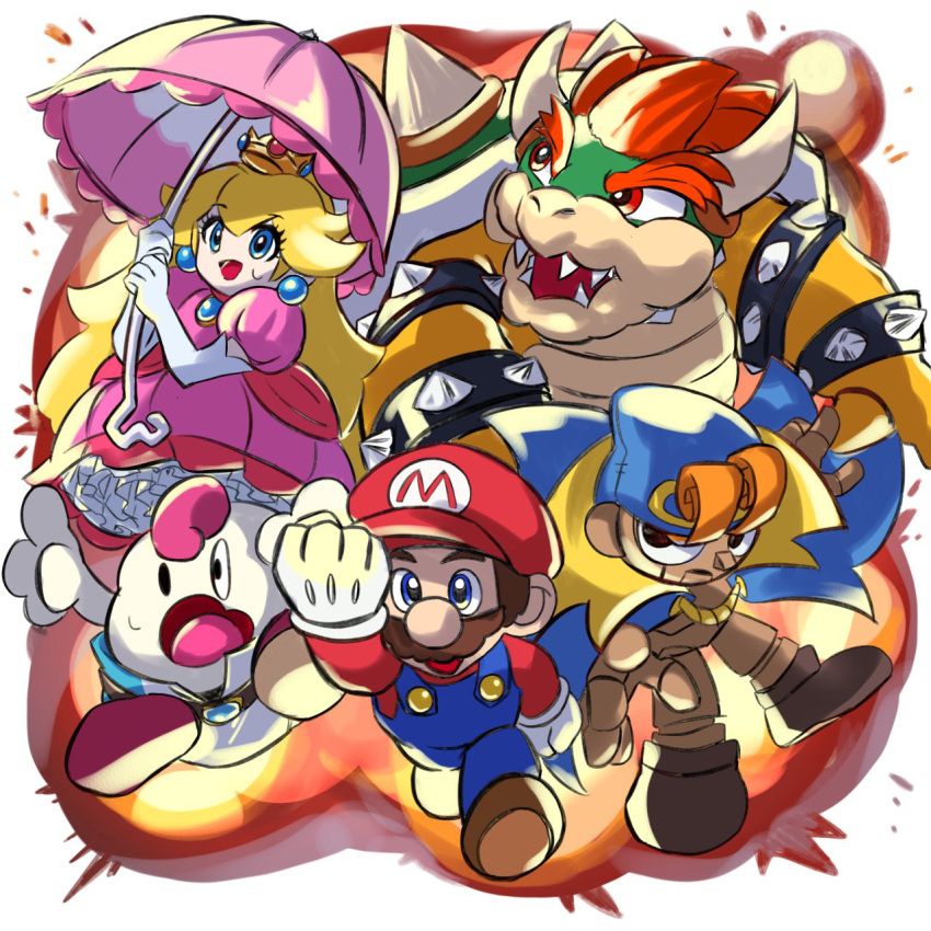 1girl 4boys blonde_hair blue_eyes bowser brown_hair cape crown dress facial_hair geno_(mario) gloves hat highres jewelry long_hair mallow_(mario) mario mario_(series) multiple_boys mustache open_mouth princess_peach smile solo super_mario_rpg user_gnfv7452