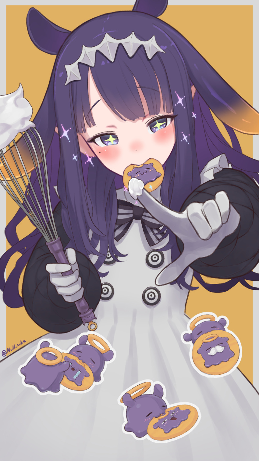 +_+ 1girl apron blush character_food cookie eating food food_in_mouth gloves hair_ornament halo highres holding holding_whisk hololive hololive_english long_hair long_sleeves looking_at_viewer mole mole_under_eye ninomae_ina'nis ninomae_ina'nis_(6th_costume) null_suke official_alternate_costume purple_eyes purple_hair solo sparkle takodachi_(ninomae_ina'nis) tentacle_hair twitter_username virtual_youtuber whipped_cream whisk white_gloves