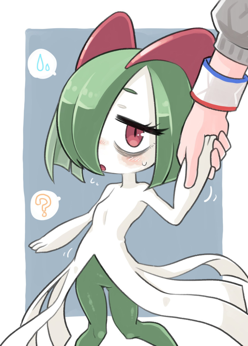 1girl bags_under_eyes blue_background colored_skin dynamax_band gloria_(pokemon) green_hair hair_over_one_eye highres holding_hands horns ino_(tellu0120) kirlia multicolored_skin out_of_frame pink_eyes pokemon pokemon_(creature) sidelocks simple_background sweatdrop sweater two-tone_skin white_skin