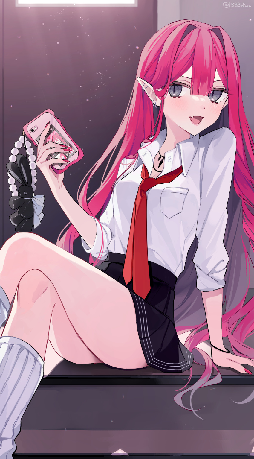 1388chan 1girl absurdres baobhan_sith_(fate) black_skirt bracelet breasts crossed_legs dress_shirt ear_piercing fang fate/grand_order fate_(series) grey_eyes hand_up highres holding holding_phone jewelry kneehighs long_hair loose_socks nail nail_polish necktie open_mouth phone piercing pink_hair pink_nails pointy_ears red_necktie school_uniform shirt sidelocks sideways_glance sitting skin_fang skirt sleeves_rolled_up smile socks solo stuffed_animal stuffed_rabbit stuffed_toy thighs white_shirt white_socks