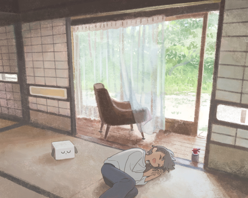 1other ^_^ blue_pants chair closed_eyes commentary_request curtains day feet grass grey_hair highres indoors long_hair lying muji_(uimss) on_floor on_side open_mouth original pants scenery short_hair solo sweater white_sweater wide_shot window wooden_floor