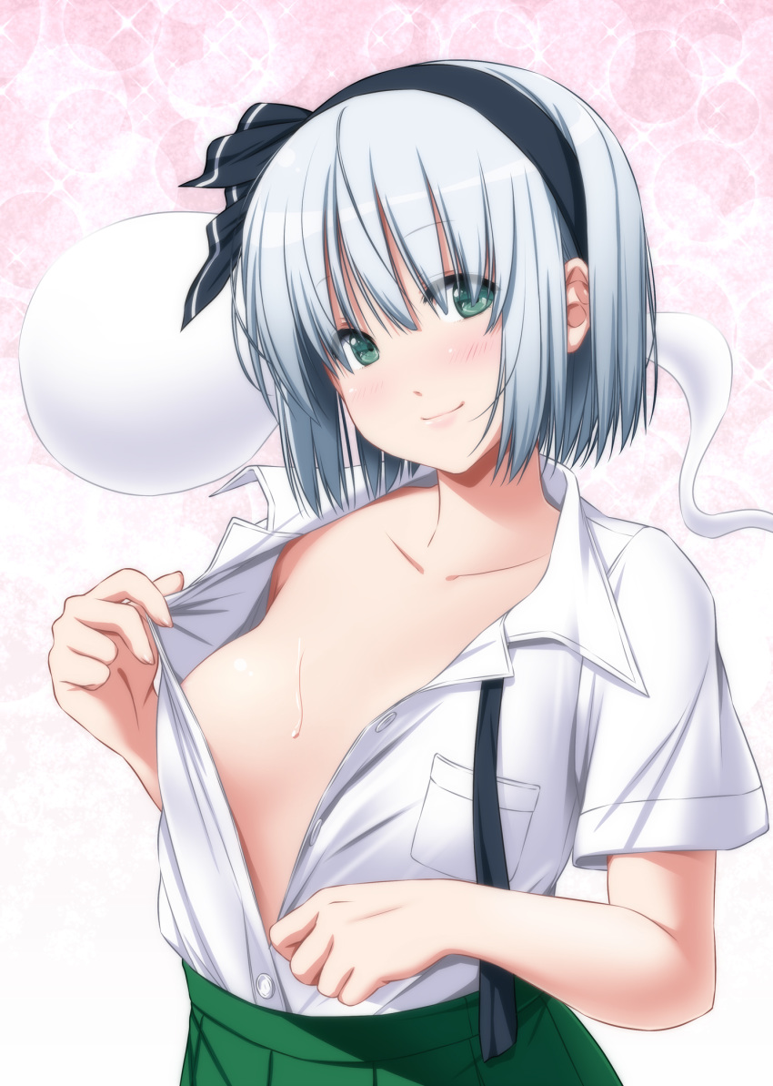 1girl bangs black_hairband blush breast_pocket breasts closed_mouth collarbone commentary_request dress_shirt eyebrows_visible_through_hair green_eyes green_skirt hairband head_tilt highres hitodama konpaku_youmu konpaku_youmu_(ghost) looking_at_viewer no_bra nori_tamago open_clothes open_shirt pink_background pocket shirt short_hair short_sleeves silver_hair skirt small_breasts smile solo sparkle_background sweat touhou unbuttoned upper_body white_shirt