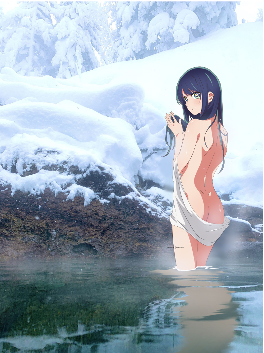 1girl absurdres ass blue_hair commentary english_commentary from_behind green_eyes highres holding holding_hair kevcrexx kurokawa_akane long_hair looking_to_the_side naked_towel nude onsen oshi_no_ko palms_together patreon_username smile snow solo star-shaped_pupils star_(symbol) symbol-shaped_pupils towel wading water wet