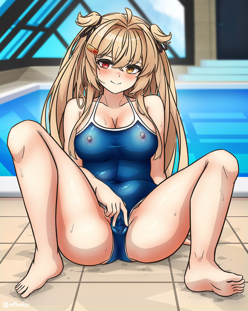 1girl arthur_ko barefoot blue_one-piece_swimsuit breasts brown_eyes cameltoe cleavage commission covered_navel covered_nipples hair_flaps heterochromia highres indoors kantai_collection light_brown_hair long_hair m_legs medium_breasts murasame_(kancolle) murasame_kai_ni_(kancolle) one-piece_swimsuit pixiv_commission pool red_eyes rei_no_pool sitting solo spread_legs spread_pussy_under_clothes swimsuit two_side_up