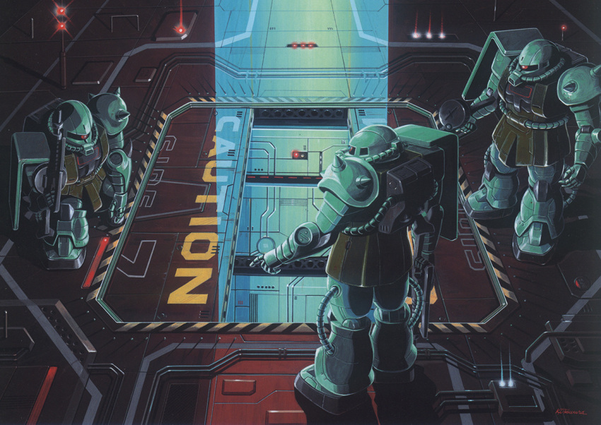 1970s_(style) 1980s_(style) concept_art english_text gun gundam hatch key_visual light machine_gun machinery mecha mobile_suit mobile_suit_gundam no_humans official_art ookawara_kunio open_hatch painting_(medium) production_art promotional_art retro_artstyle robot scan science_fiction shield shoulder_spikes spikes traditional_media weapon zaku_ii