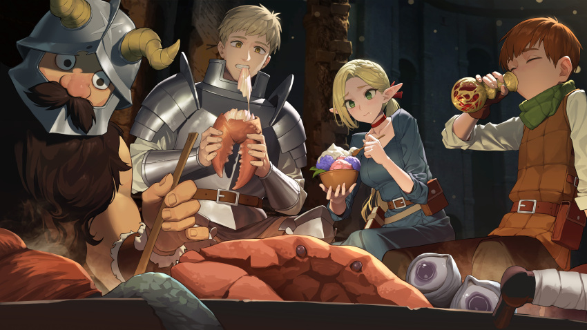 1girl 3boys absurdres armor beard belt belt_pouch blonde_hair braid brown_hair chilchuck_tims choker collarbone crab drinking dungeon_meshi dwarf eating elf facial_hair fake_horns food green_eyes helmet highres holding holding_food holding_spoon horned_helmet horns laios_touden long_beard marcille_donato multiple_boys pointy_ears pouch red_choker senshi_(dungeon_meshi) side_braid spoon thick_mustache very_long_beard xzu yellow_eyes