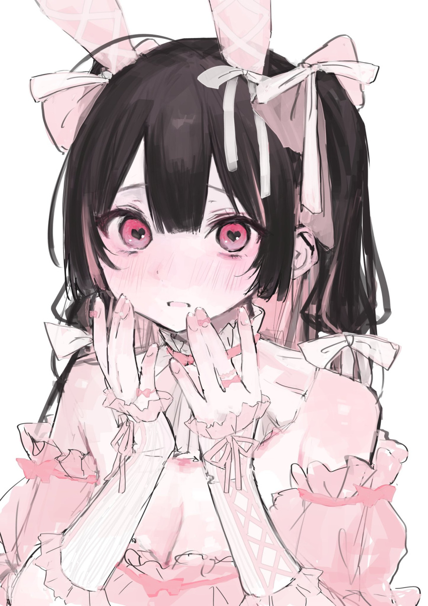 1girl animal_ears bare_shoulders black_hair blush breasts cleavage dress fake_animal_ears hair_ribbon heart heart-shaped_pupils highres iq033 looking_at_viewer medium_breasts multicolored_hair original parted_lips pink_dress pink_eyes pink_hair rabbit_ears ribbon simple_background solo streaked_hair symbol-shaped_pupils two-tone_hair upper_body white_background