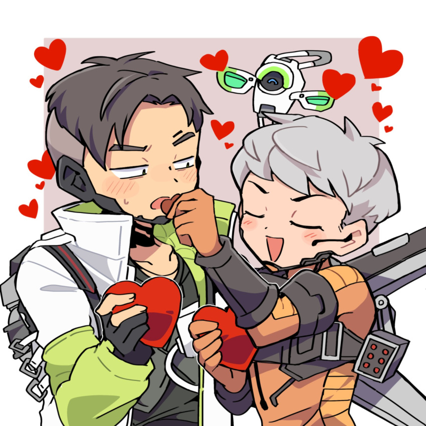 1boy 1girl ^_^ animification apex_legends armor backpack bag black_gloves black_hair black_shirt blush bodysuit border box breastplate candy chocolate closed_eyes crypto_(apex_legends) earpiece feeding food gloves grey_vest hack_(apex_legends) hair_behind_ear heart heart-shaped_box heart-shaped_chocolate hetero highres jacket looking_down missile_pod nojima_minami non-humanoid_robot orange_bodysuit orange_gloves outside_border partially_fingerless_gloves pink_background robot sanpaku shirt smile undercut v-shaped_eyebrows valentine valkyrie_(apex_legends) vest white_border white_jacket