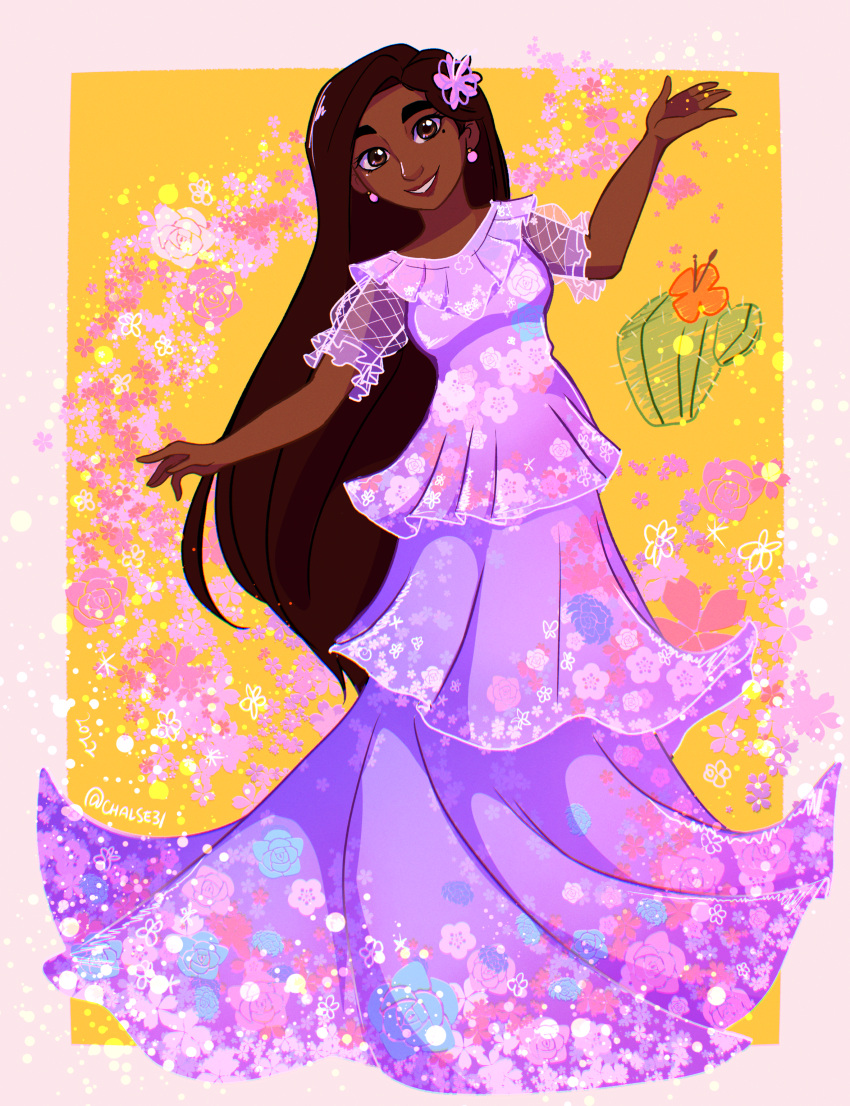 1girl absurdres chalse31 dark-skinned_female dark_skin dress earrings encanto flower full_body hair_flower hair_ornament highres isabela_madrigal jewelry long_hair looking_at_viewer mole mole_under_eye petals pink_dress smile solo