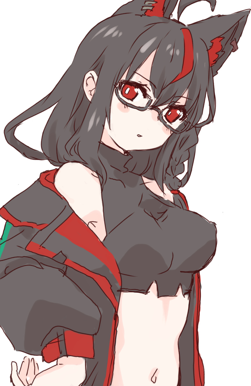 1girl absurdres ahoge animal_ear_fluff animal_ear_piercing animal_ears black_hair black_hoodie black_shorts braid breasts commentary dark_persona english_commentary fox_ears fox_girl fox_tail glasses hair_between_eyes highres hololive hood hoodie jacket kurokami_fubuki long_hair looking_at_viewer mayoineko navel open_clothes open_jacket parted_lips red_eyes shorts sidelocks single_braid solo tail turtleneck virtual_youtuber