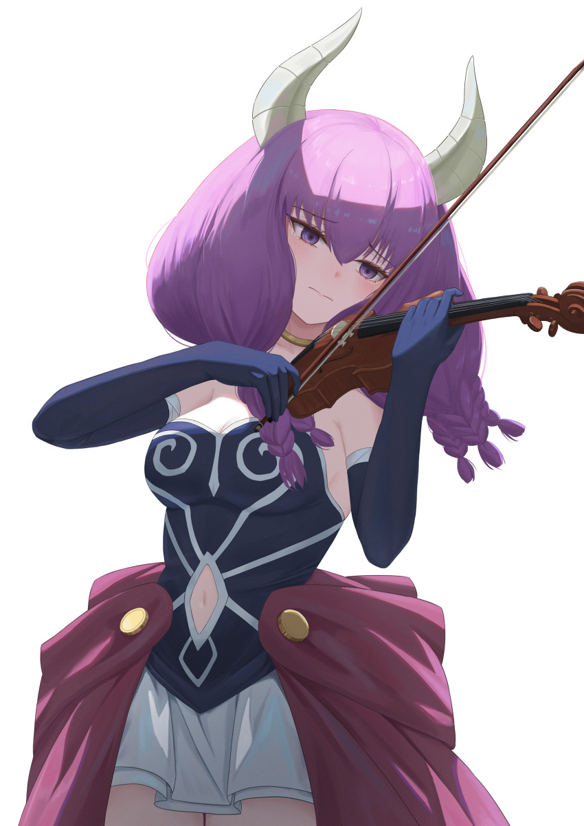 1girl absurdres aura_(sousou_no_frieren) blush braid breasts cleavage clothing_cutout demon_horns elbow_gloves floating_hair gloves hair_between_eyes highres holding holding_instrument holding_violin horns instrument light_frown medium_breasts medium_hair multiple_braids music navel navel_cutout pige_pig playing_instrument purple_eyes purple_hair simple_background solo sousou_no_frieren tearing_up violin white_background