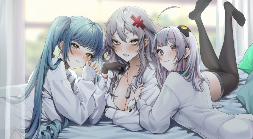 3girls absurdres admi_(nikke) ahoge bags_under_eyes black_gloves black_thighhighs blue_hair blush breasts cleavage collarbone collared_shirt gloves goddess_of_victory:_nikke green_hair grey_hair hair_ornament hairclip headgear highres jewelry large_breasts light_blue_hair long_hair looking_at_viewer lying medium_hair messy_hair multicolored_hair multiple_girls necklace on_bed on_stomach privaty_(nikke) sharp_teeth shirt smile streaked_hair sweatdrop teeth thighhighs triangle_(nikke) twintails very_long_hair white_hair white_shirt yellow_eyes ymr_yamero yulha_(nikke)
