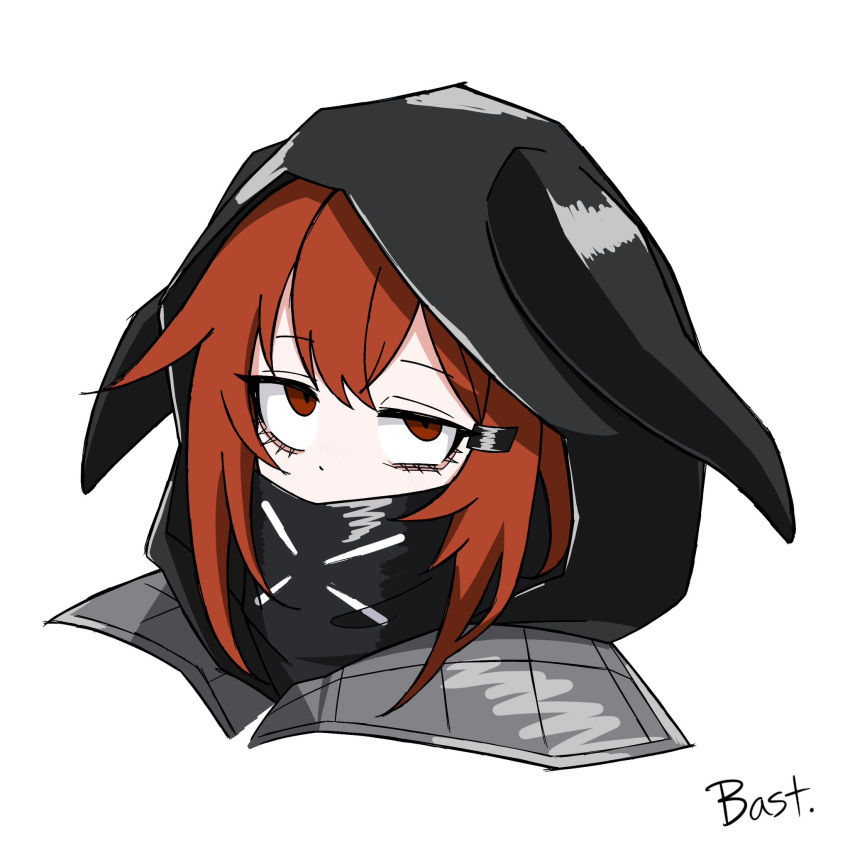 1girl animal_ears animal_hood arknights bastetris commentary covered_mouth crownslayer_(arknights) fake_animal_ears hair_between_eyes highres hood hood_up looking_at_viewer portrait red_eyes red_hair signature simple_background solo white_background