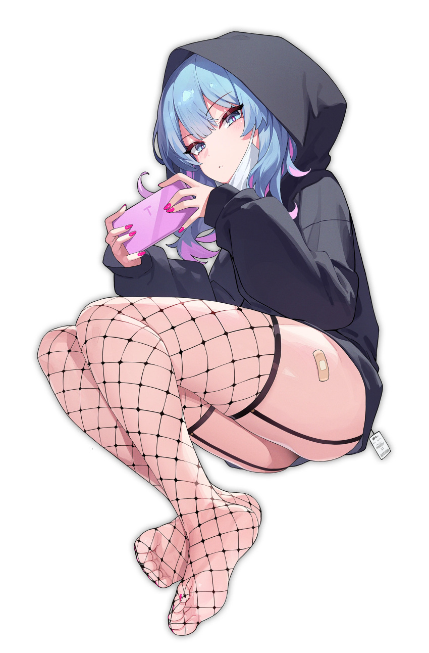 1girl absurdres bandaid_on_thigh black_hoodie blue_eyes blue_hair closed_mouth eiroyi fishnet_thighhighs fishnets full_body garter_straps hatsune_miku highres holding holding_phone hood hood_up hoodie long_hair long_sleeves multicolored_hair nail_polish no_shoes phone purple_hair rabbit_hole_(vocaloid) red_nails simple_background solo thighhighs toenail_polish toenails two-tone_hair vocaloid white_background