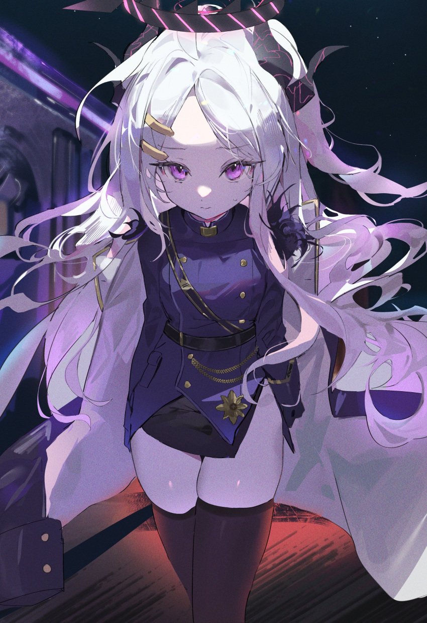 1girl absurdres ahoge black_gloves black_skirt blue_archive closed_mouth coat coat_on_shoulders crossed_legs demon_girl demon_horns demon_wings forehead gloves hair_ornament hairclip halo highres hina_(blue_archive) horns looking_at_viewer military_uniform miniskirt night night_sky outdoors parted_bangs ponytail purple_pupils r_aeel shadow skirt sky star_(sky) sweat thighhighs thighs uniform white_hair wings