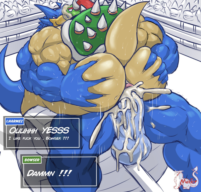 anal anthro anus balls beak biceps big_balls big_penis blue_balls blue_body blue_penis blue_skin bodily_fluids bowser butt butt_grab clenched_teeth cum cum_in_ass cum_inside dragon duo english_text erection excessive_cum eyebrows fighting_ring genital_fluids genitals green_shell grin hair hand_on_butt hi_res horn huge_balls huge_penis humanoid_genitalia humanoid_penis i.harmez_(masterelrest) looking_back male male/male mario_bros masterelrest muscular muscular_male nintendo nude penis pink_anus pink_eyes profanity public quads raised_tail red_eyebrows red_hair scales shell smile spiked_shell spikes sweat tagme teeth text triceps video_games wrestling yellow_body yellow_scales