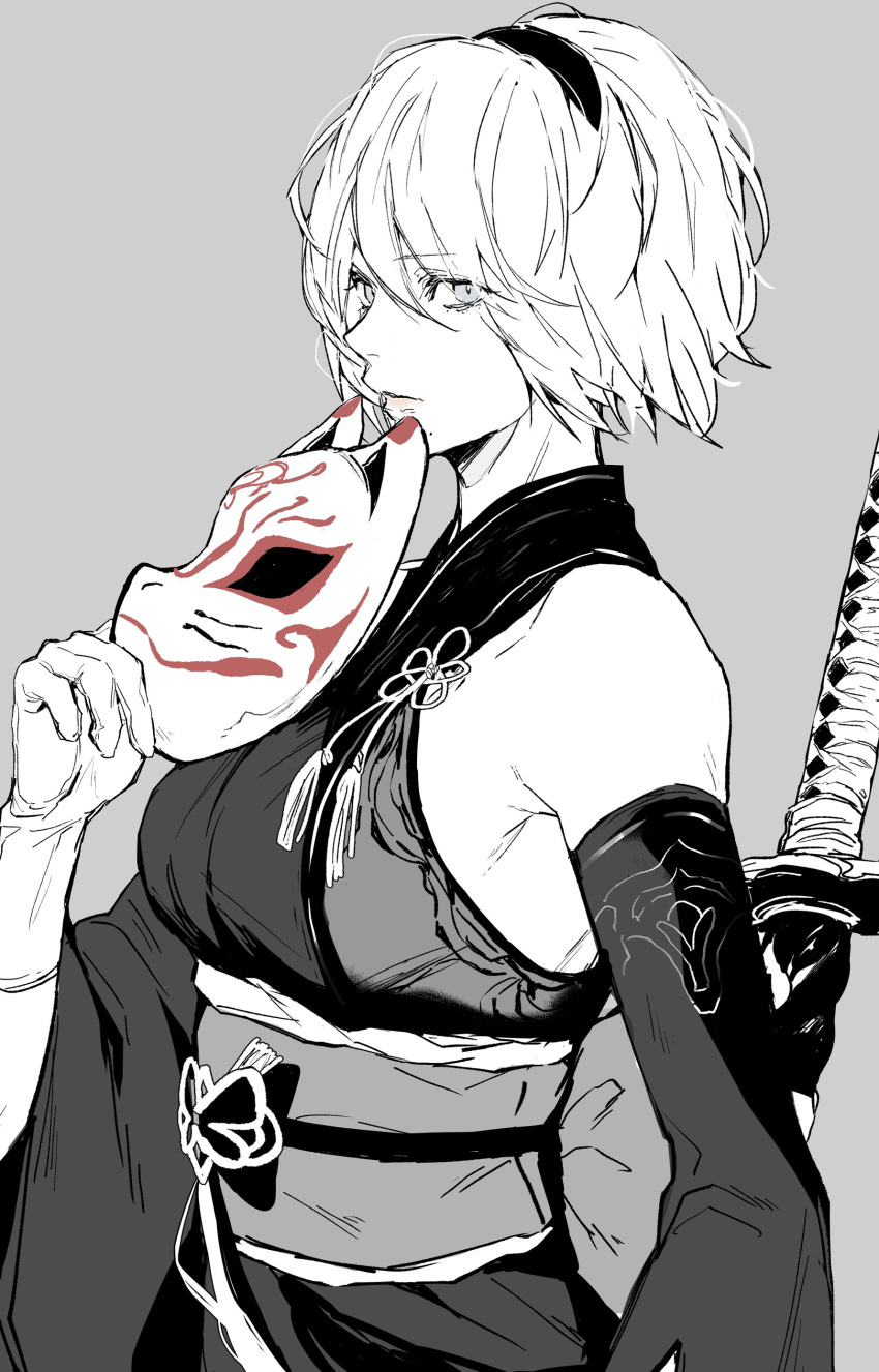 1girl 2b_(nier:automata) absurdres bare_shoulders breasts closed_mouth commentary fox_mask gloves grey_background greyscale hairband highres holding japanese_clothes kimono lips looking_at_viewer mask medium_breasts mole mole_under_mouth monochrome nier:automata nier_(series) nishiii26miii obi sash short_hair simple_background sleeveless sword symbol-only_commentary upper_body weapon wide_sleeves