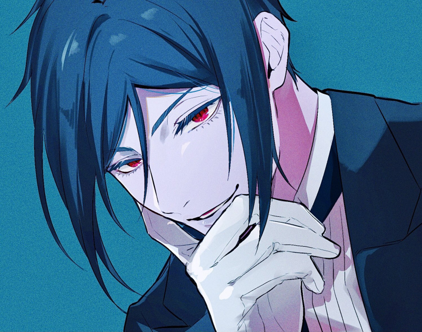 1boy black_hair black_suit blue_background close-up gloves goth_fashion hand_on_own_face jitome kuroshitsuji light_smile looking_at_viewer lower_teeth_only male_focus open_mouth rau_820 red_eyes sebastian_michaelis shirt short_hair smile smug solo suit teeth victorian white_gloves white_shirt