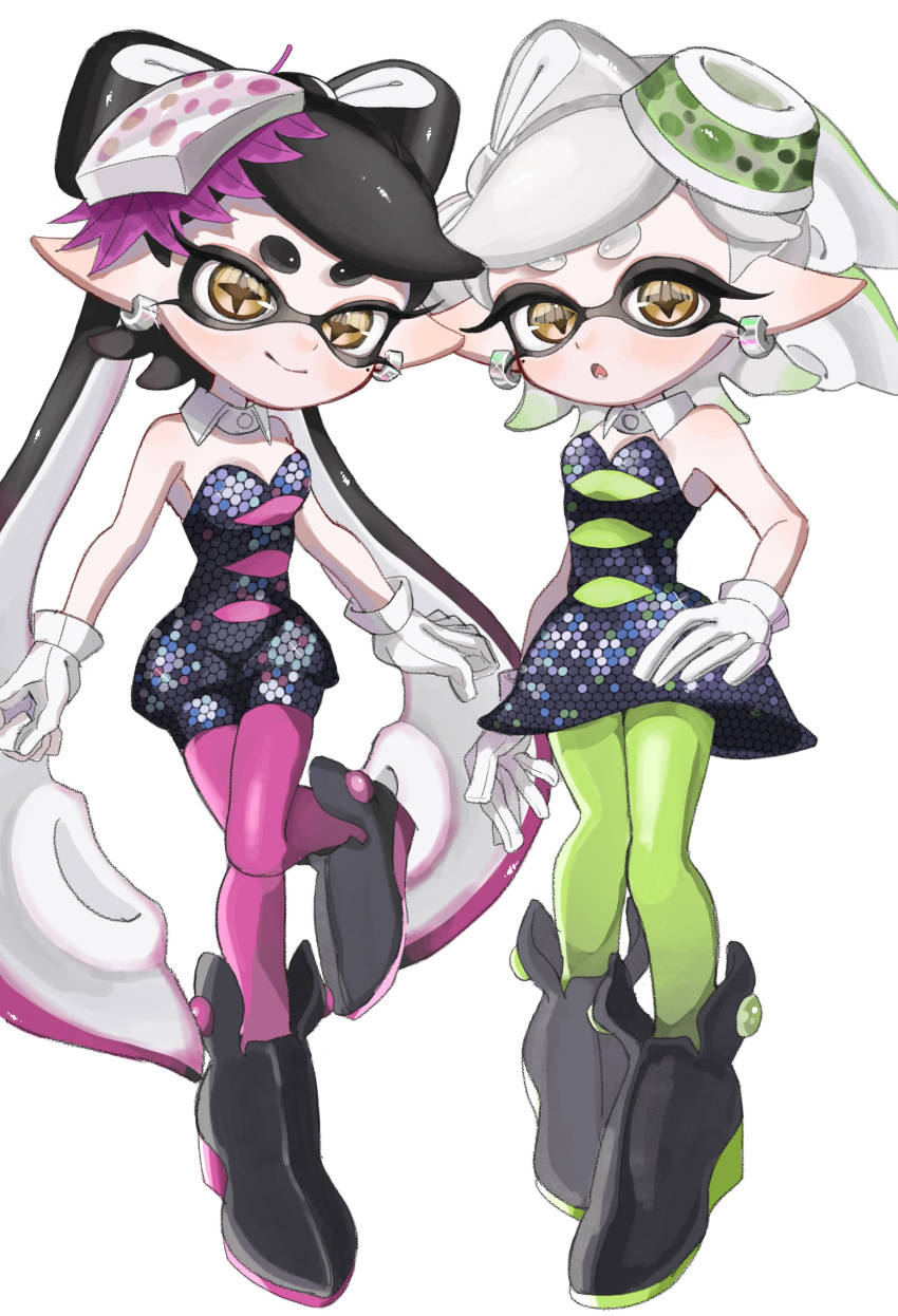 2girls :o absurdres arms_at_sides bare_shoulders black_dress black_footwear black_hair black_jumpsuit boots bow-shaped_hair callie_(splatoon) closed_mouth collar cousins detached_collar dress earrings full_body glint gloves gradient_hair green_hair green_pantyhose grey_hair hand_on_own_hip highres hoop_earrings inkling jewelry jumpsuit lemo_(lemo_4) long_hair lower_teeth_only marie_(splatoon) mole mole_under_eye multicolored_hair multiple_girls open_mouth orange_pupils pantyhose pink_hair pink_pantyhose pointy_ears short_hair short_jumpsuit sleeveless_jumpsuit smile splatoon_(series) splatoon_1 standing standing_on_one_leg star-shaped_pupils star_(symbol) strapless strapless_dress suction_cups swept_bangs symbol-shaped_pupils teeth tentacle_hair thick_eyebrows twintails two-tone_hair very_long_hair white_background white_collar white_gloves yellow_eyes