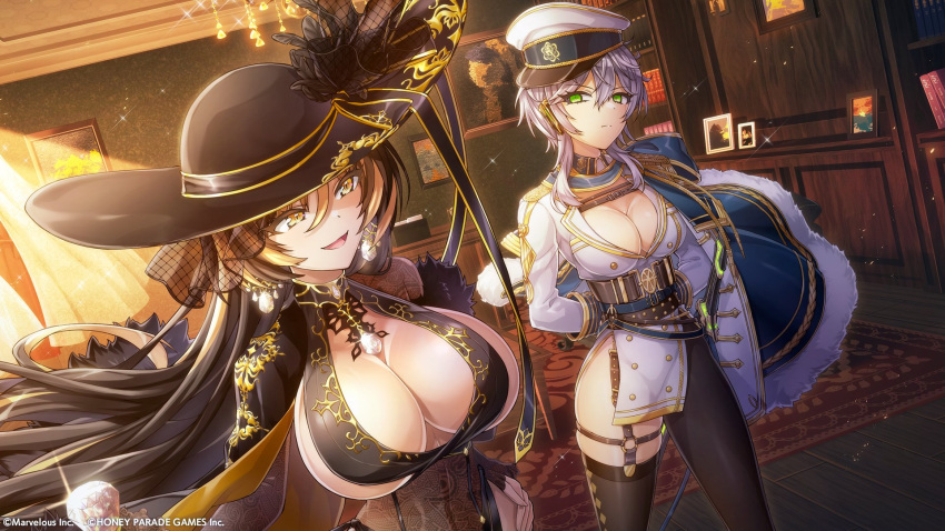 2girls amadea_wolfa arms_behind_back asymmetrical_legwear belt black_hair blonde_hair book bookshelf breasts carpet cleavage collared_shirt dolphin_wave green_eyes grey_hair hat highres jacket jacket_on_shoulders jewelry large_breasts long_hair long_sleeves looking_at_another military_hat multicolored_hair multiple_girls official_art ootomo_takuji picture_frame sarah_anthony shirt short_hair sun_hat thighhighs yellow_eyes