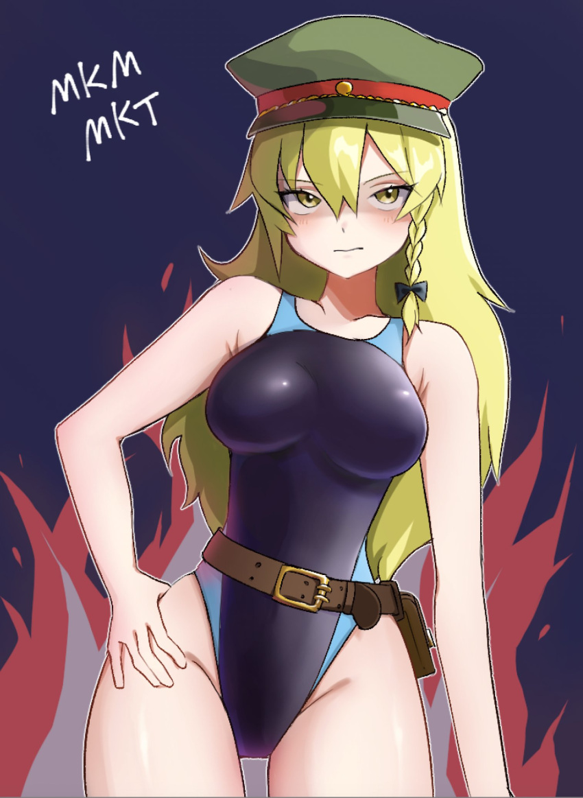 1girl belt black_bow black_one-piece_swimsuit blonde_hair blue_background blush bow braid breasts brown_belt character_name closed_mouth commentary_request contrapposto cookie_(touhou) cowboy_shot expressionless fire green_hat hair_between_eyes hand_on_own_hip hat highres kirisame_marisa long_bangs long_hair looking_at_viewer medium_breasts mikami_makoto military_hat one-piece_swimsuit peaked_cap pouch pura_(aiueo256375) shiny_skin side_braid single_braid solo swimsuit touhou yellow_eyes