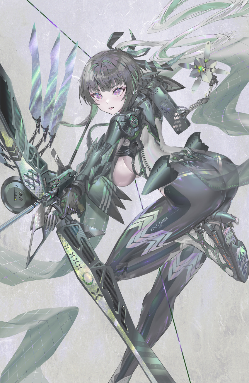 1girl absurdres arrow_(projectile) ass back black_hair bow_(weapon) breasts compound_bow drawing_bow highres holding holding_bow_(weapon) holding_weapon large_breasts leg_up looking_ahead original parted_lips purple_eyes science_fiction sideboob solo weapon yoshimoto_(dear_life)