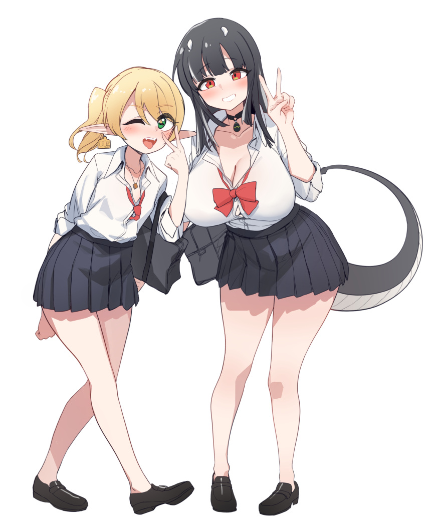 2girls aillie_(vtuber) aningay arm_behind_back bag black_footwear black_hair blonde_hair blue_skirt blush bow breasts character_request cleavage collared_shirt dress_shirt fangs green_eyes grey_hair hair_between_eyes hand_up highres indie_virtual_youtuber large_breasts loafers long_hair long_sleeves looking_at_viewer multicolored_hair multiple_girls one_eye_closed pleated_skirt pointy_ears red_bow red_eyes school_bag school_uniform shirt shoes simple_background skirt smile streaked_hair tail tongue tongue_out twintails v virtual_youtuber white_background white_shirt