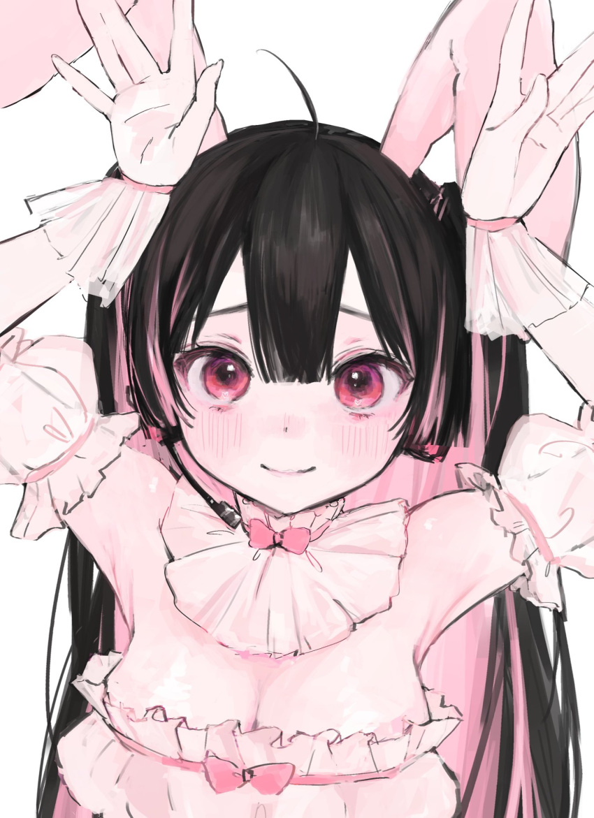 1girl black_hair blush breasts cleavage detached_sleeves dress gloves headset highres iq033 long_hair looking_at_viewer medium_breasts multicolored_hair original pink_eyes pink_hair puffy_detached_sleeves puffy_sleeves rabbit_pose simple_background smile solo two-tone_hair upper_body white_background white_gloves