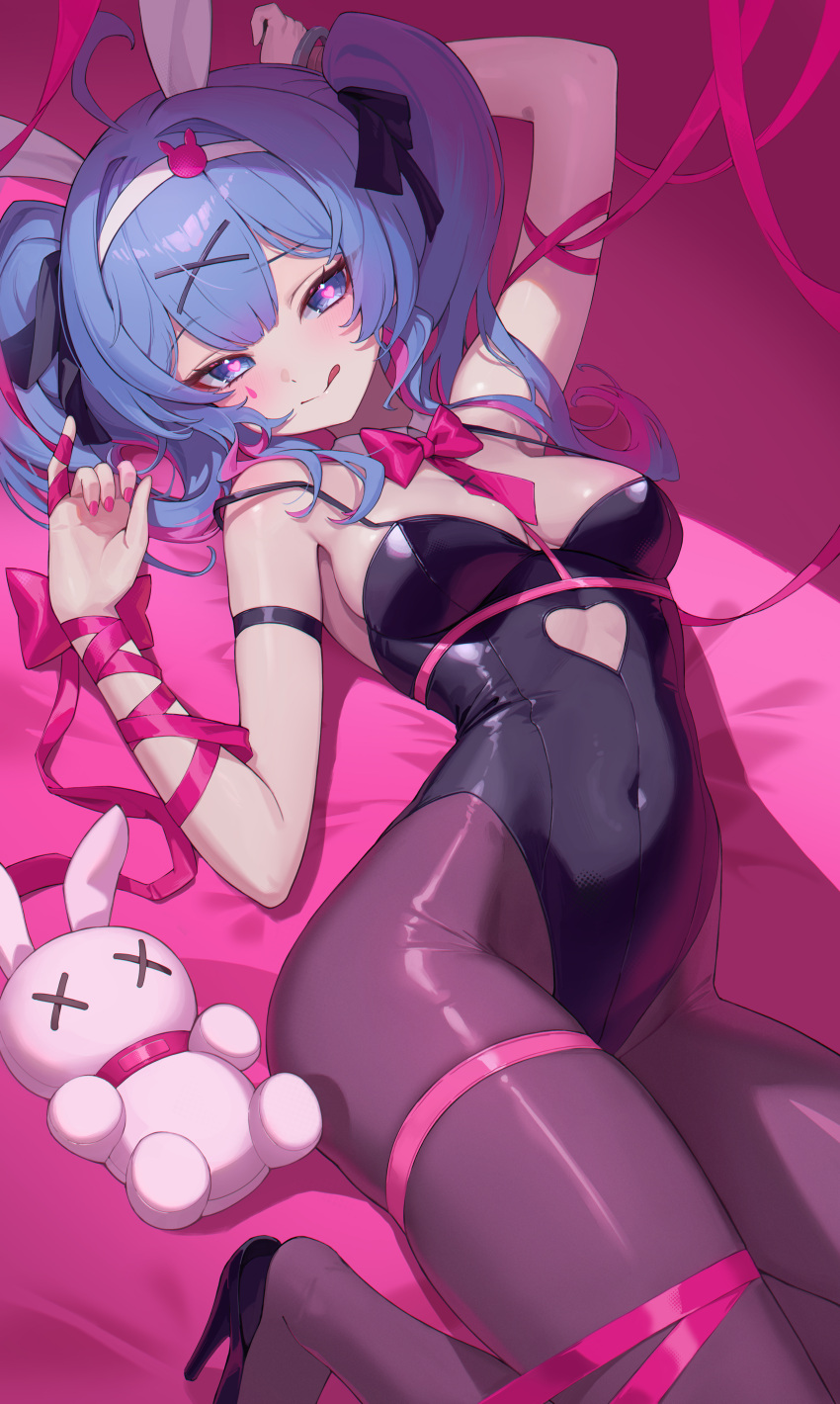 1girl :q absurdres animal_ears black_leotard black_pantyhose blue_eyes blue_hair breasts clothing_cutout covered_navel cutout_above_navel dkxlek fake_animal_ears hair_ornament hairband hatsune_miku heart heart-shaped_pupils heart_cutout highleg highleg_leotard highres leotard lying multicolored_hair on_back pantyhose pink_hair pink_pupils playboy_bunny rabbit_ears rabbit_hair_ornament rabbit_hole_(vocaloid) ribbon shoes solo streaked_hair stuffed_toy symbol-shaped_pupils teardrop_facial_mark tongue tongue_out twintails two-tone_hair two_side_up vocaloid white_hairband x_hair_ornament