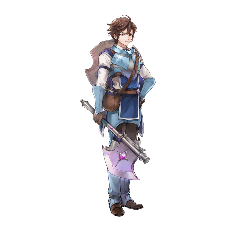 1boy absurdres aged_down axe brown_eyes brown_gloves brown_hair fire_emblem fire_emblem_awakening fire_emblem_heroes frederick_(child)_(fire_emblem) frederick_(fire_emblem) frown gloves highres holding holding_axe looking_at_viewer official_art pebble pouch shield shield_on_back short_hair solo tachi-e tagme v-shaped_eyebrows wada_sachiko