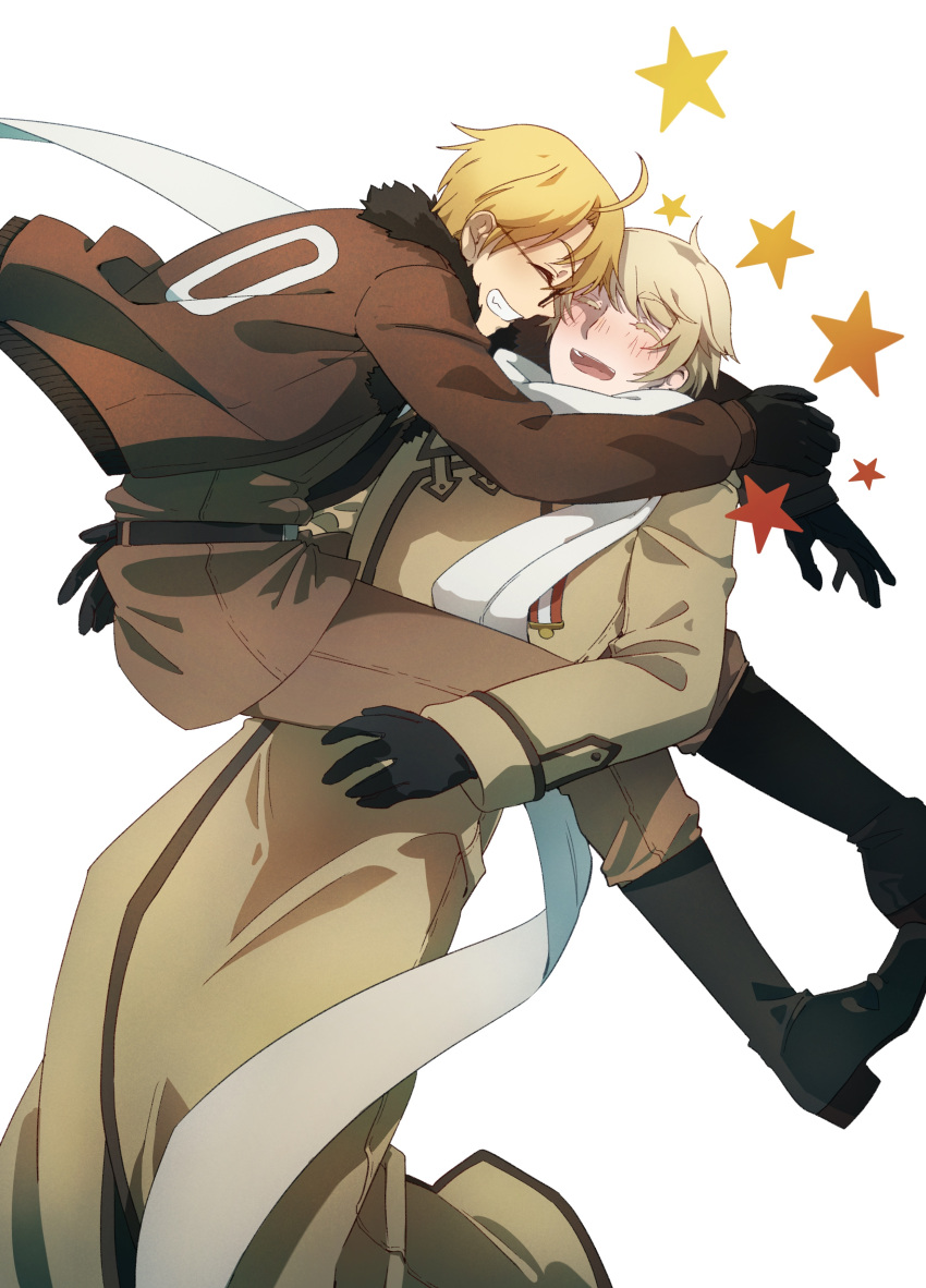 2boys absurdres ahoge america_(hetalia) arms_around_neck axis_powers_hetalia belt black_footwear black_fur black_gloves blonde_hair blush boots brown_coat brown_jacket brown_pants brown_shirt chinese_commentary closed_eyes coat commentary_request couple fermium.ice fur-trimmed_jacket fur_trim glasses glomp gloves grey_hair grin hands_up happy highres hug jacket male_focus medal military_uniform multiple_boys nose_blush open_mouth pants russia_(hetalia) scarf shirt simple_background smile star_(symbol) uniform white_background white_scarf yaoi