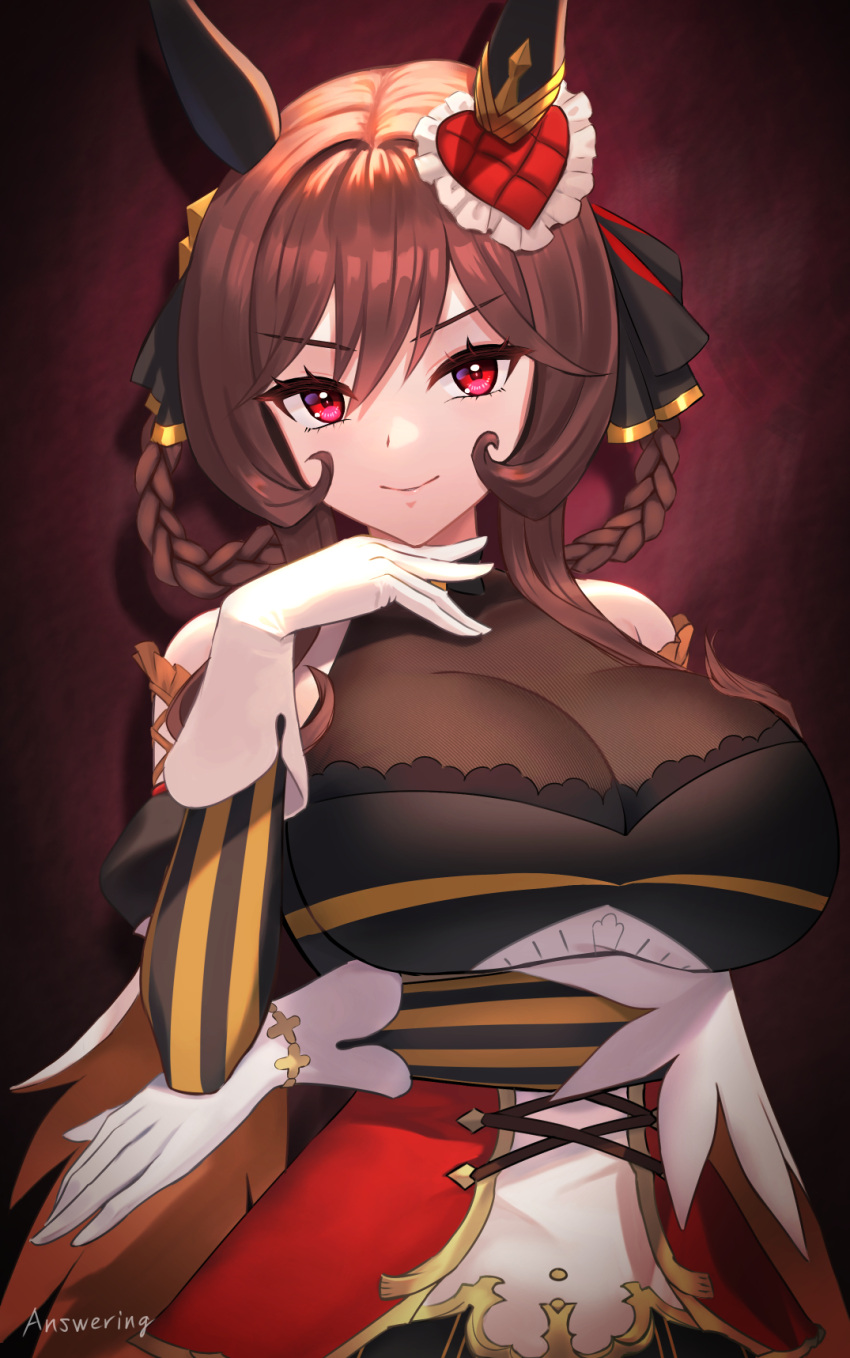 1girl animal_ears answering artist_name bare_shoulders braid breasts brown_hair closed_mouth commentary_request ear_covers gentildonna_(umamusume) gloves gradient_background hair_between_eyes hair_ornament heart heart_hair_ornament highres horse_ears horse_girl large_breasts looking_at_viewer red_background red_eyes smile solo striped_sleeves umamusume white_gloves