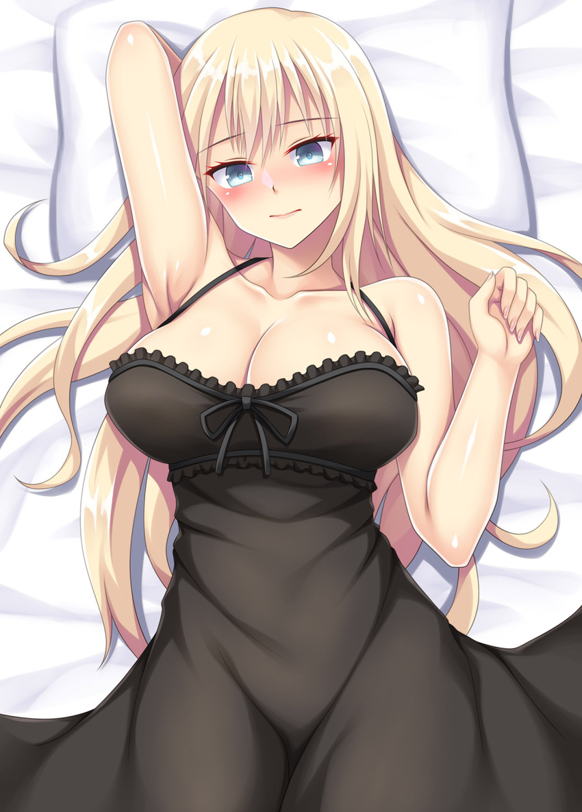 1girl bismarck_(kancolle) black_camisole blonde_hair blue_eyes blush breasts camisole cleavage collarbone highres kantai_collection large_breasts long_hair looking_at_viewer lying on_bed ruin_re_birth smile solo underwear