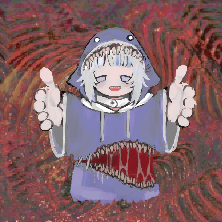 1girl abstract_background body_horror gawr_gura grey_hair highres hololive hood hoodie horror_(theme) looking_at_viewer open_mouth saliva shark_girl sharp_teeth smile solo teeth virtual_youtuber yoruseh