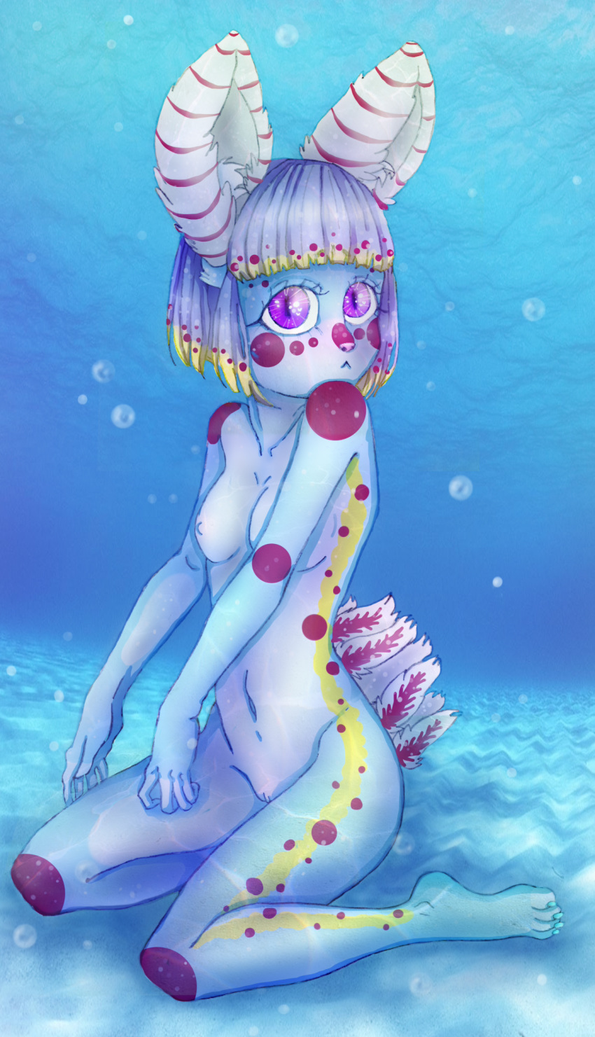 2_toes anthro aquatic_gastropod biped blue_body blue_fur breasts bubble colored digital_media_(artwork) feet female fur gastropod genitals hair hi_res iiijackie3678iii mammal marine mollusk multicolored_body multicolored_fur multicolored_hair nipples nude paws pink_nose purple_eyes pussy sea_slug short_hair slug solo toes water