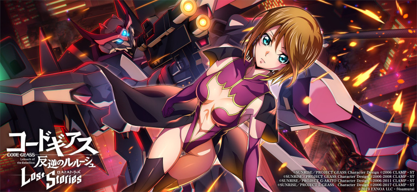 1girl boots breasts brown_hair code_geass code_geass:_lost_stories elbow_gloves gloves green_eyes groin highleg highleg_leotard highres knightmare_frame leotard looking_at_viewer marika_soresi mecha navel robot short_hair solo stomach thigh_boots thighhighs thighs valkyrie