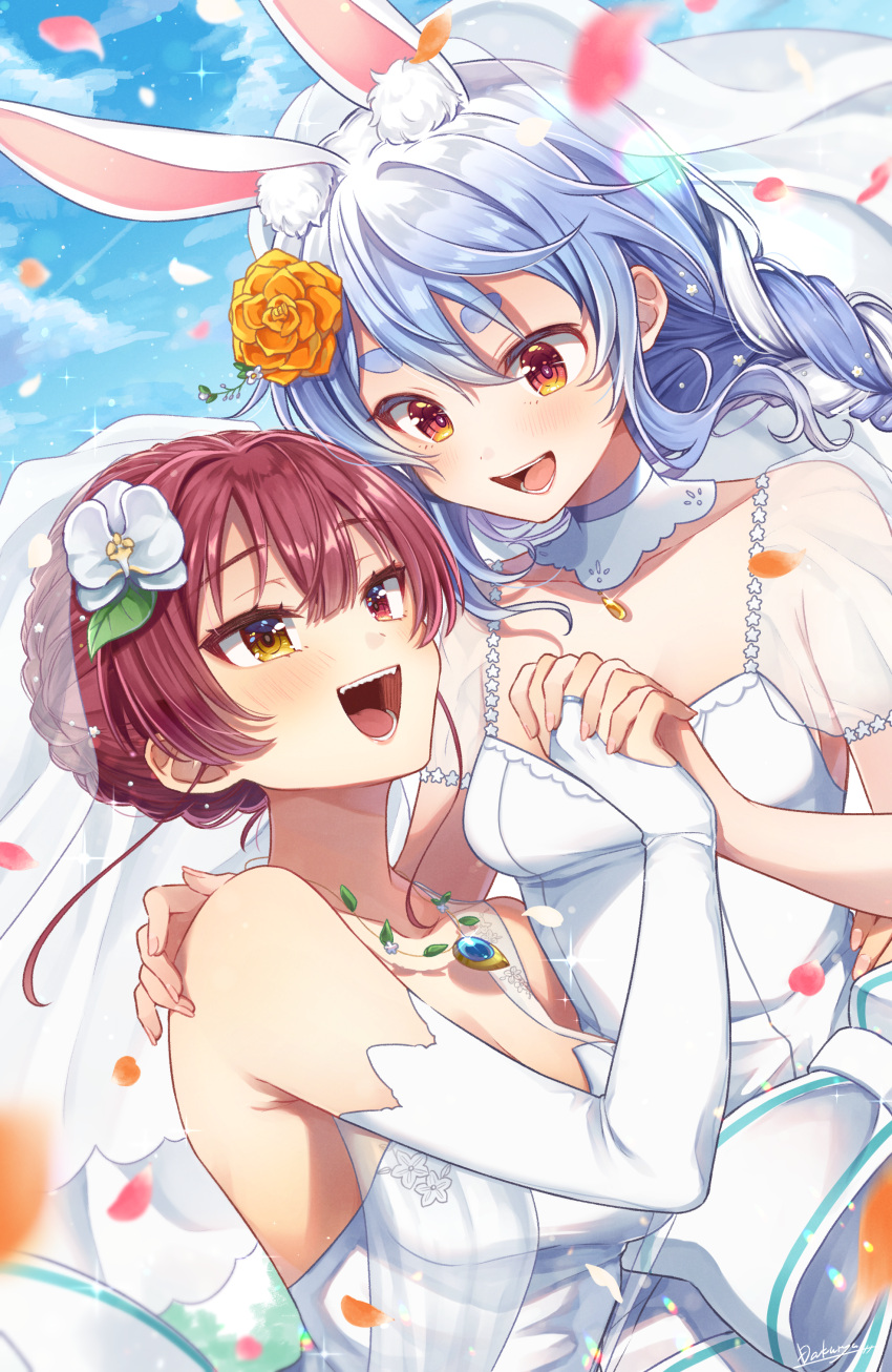 2girls absurdres alternate_costume animal_ear_fluff animal_ears blue_hair blue_sky blush braid cloud collar dakuryuu detached_collar dress flower hair_flower hair_ornament heterochromia highres holding_hands hololive houshou_marine interlocked_fingers long_hair multicolored_hair multiple_girls open_mouth orange_eyes petals rabbit-shaped_pupils rabbit_ears rabbit_girl red_eyes short_eyebrows short_hair sky smile streaked_hair symbol-shaped_pupils twin_braids usada_pekora veil virtual_youtuber wedding_dress white_collar white_dress white_hair yellow_eyes