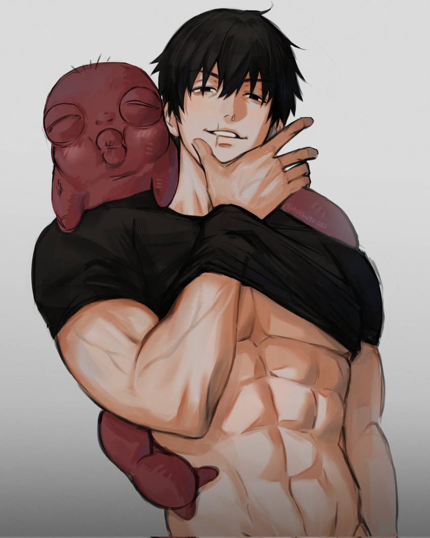 1boy abs black_eyes black_hair black_shirt clothes_lift fushiguro_touji gradient_background guilty_challenge_(meme) hair_between_eyes highres jujutsu_kaisen looking_at_viewer male_focus meme monster muscular muscular_male navel nokkusuart scar scar_on_face scar_on_mouth shirt shirt_lift short_sleeves smile solo teeth veins white_background